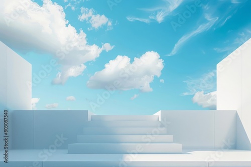 White podium platform against blue sky and white cloud background for product presentation for sale and promotion photo