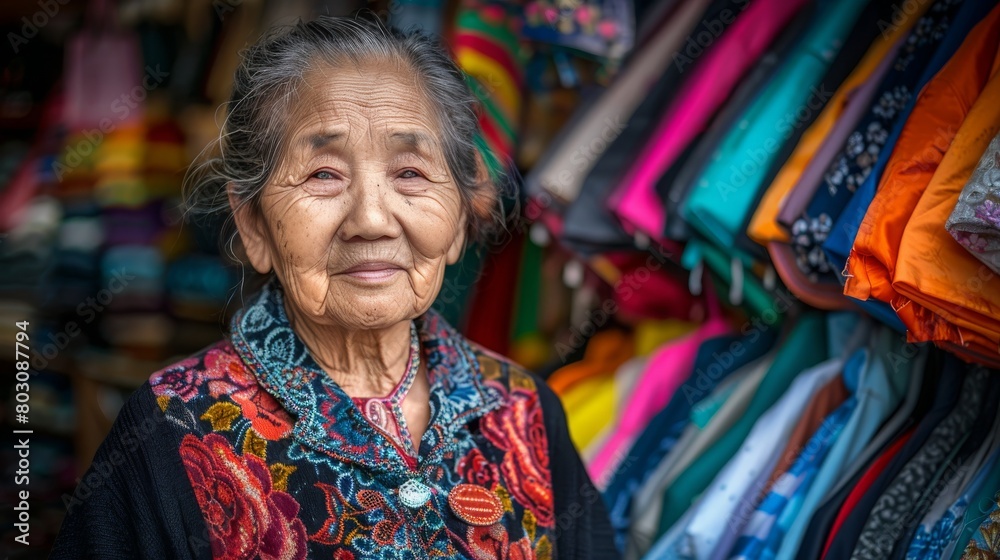 Portrait of an old Asian woman ahead of a stall in a clothing market.