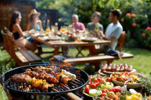 A group of friends enjoying a summer barbecue  grilling a variety of meats and vegetables  with a table set for an outdoor feast in a backyard setting