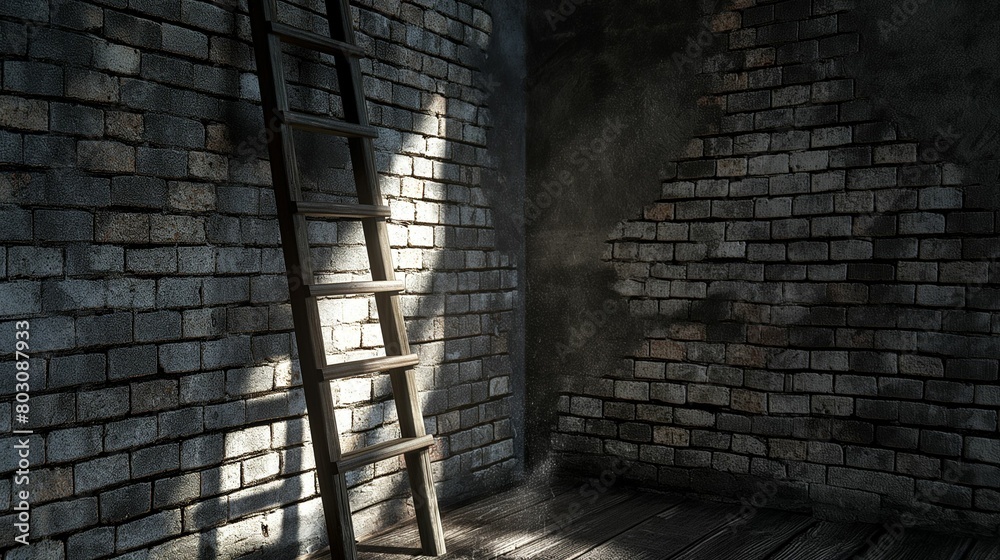 Fototapeta premium Wooden ladder against an old brick wall at sunset.
