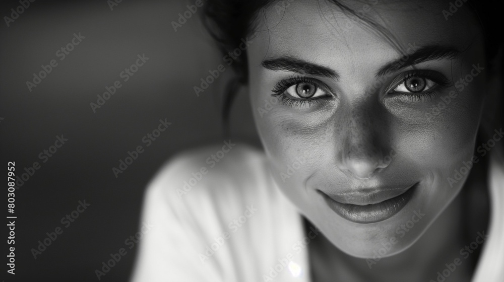 Close-up portrait of a smiling young woman in monochrome.