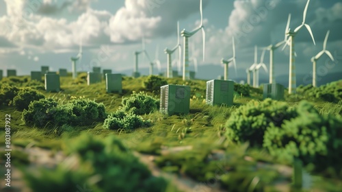 Futuristic wind farm with multiple turbines and electrical substations amidst lush greenery under a cloudy sky.