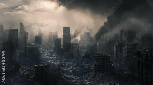 Post-apocalyptic cityscape with ruins and smoke under stormy skies.