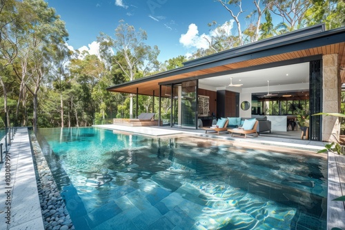 Modern Luxury Forest Home with Infinity Pool, Outdoor Living Space, Stylish Design, Natural Scenery, Sustainable Architecture © Bernardo