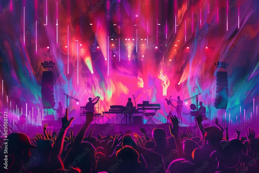 A summer music festival, with energetic crowds, musicians on stage surrounded by dynamic lights and sound waves, capturing the essence of live performances