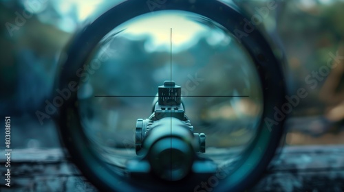 View through a sniper scope focusing on detailed mechanisms and a reticle, set against a blurred natural backdrop. photo