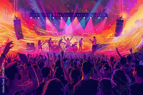 A summer music festival, with energetic crowds, musicians on stage surrounded by dynamic lights and sound waves, capturing the essence of live performances photo