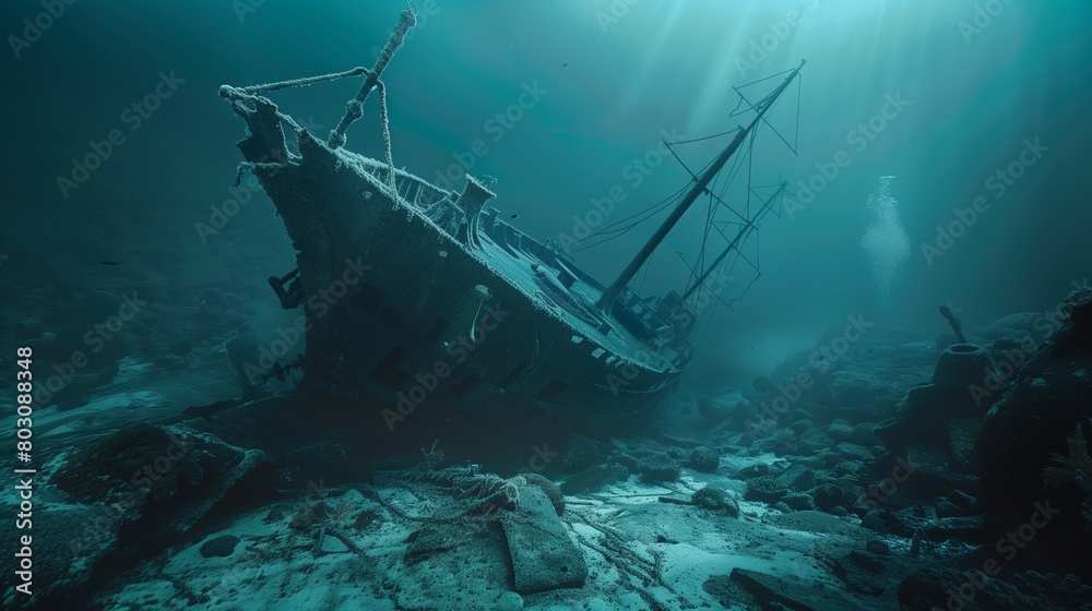 Obraz premium A haunting underwater scene showing a sunken ship covered in algae and surrounded by fish.
