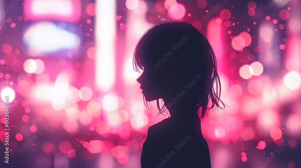 dreamy anime girl silhouette against blurred neon city lights vibrant illustration