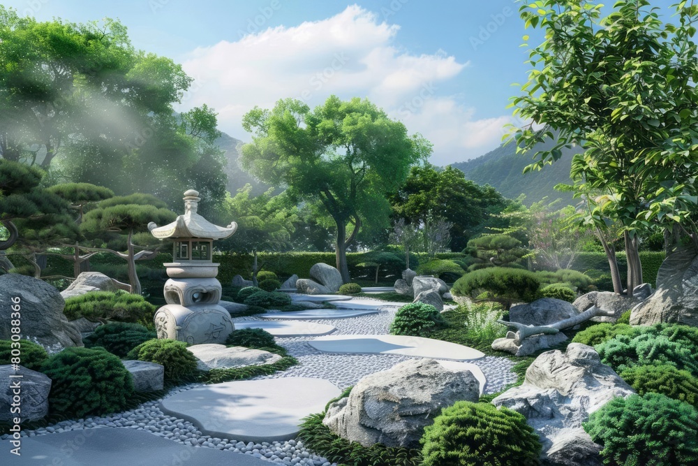 The serene ambiance of a symmetrical Japanese Zen garden, with every element in harmonious balance.