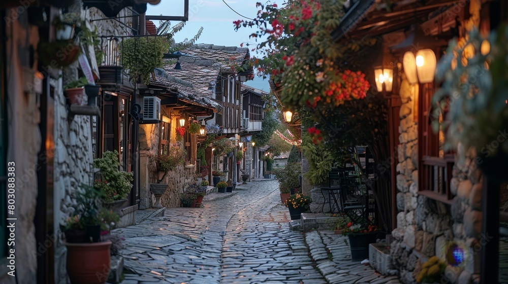 Naklejka premium A narrow cobblestone street with a row of houses and a row of potted plants