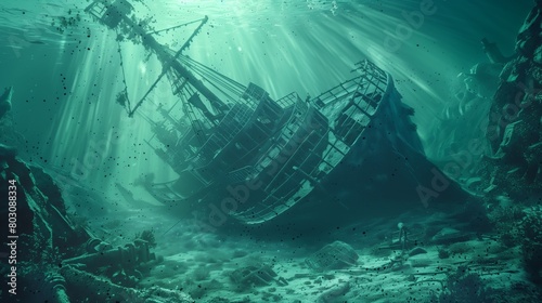 Eerie underwater scene with a sunken ship illuminated by light beams coming through the water. photo
