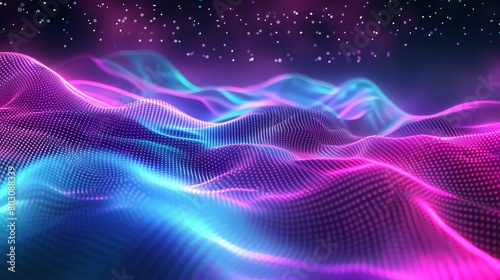 Vibrant digital landscape portraying neon-lit waves with a glowing particle studded background.