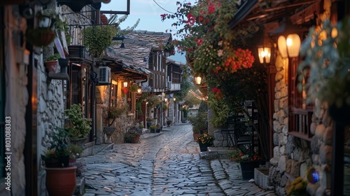 A narrow cobblestone street with a row of houses and a row of potted plants