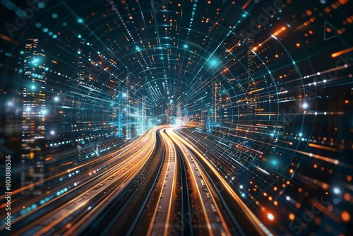 Futuristic Data Stream: High-Speed Light Trails in Virtual Tunnel, Cybernetic Network, Digital Connectivity, Modern Tech Aesthetic