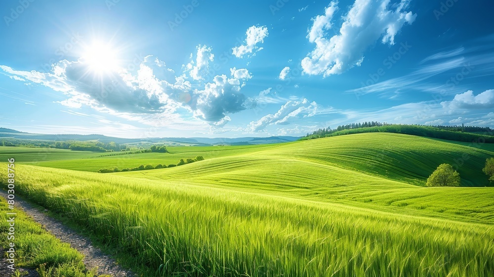 A large, open field with a bright sun shining down on it