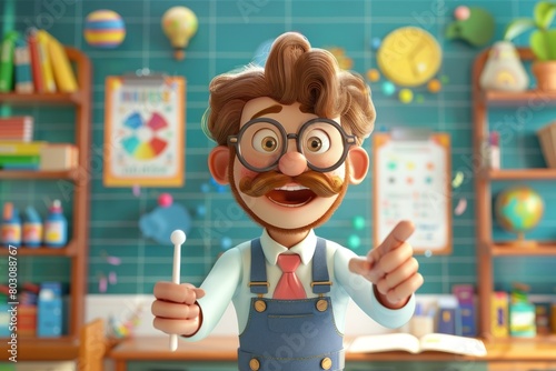A cartoon man with glasses and a mustache is pointing at a book
