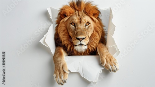 A realistic lion emerging from a ripped white paper background, looking directly at the viewer.