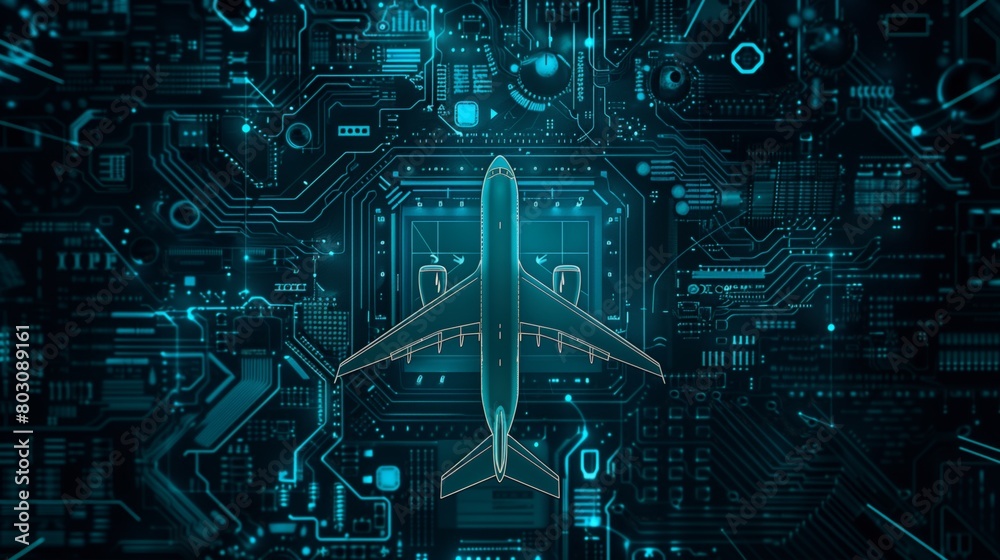 Illustration of an airplane superimposed on a complex blue circuit board pattern with glowing elements. Illustration of an airplane superimposed on a complex blue circuit board pattern with glowing elements.