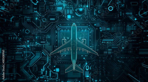 Illustration of an airplane superimposed on a complex blue circuit board pattern with glowing elements. photo