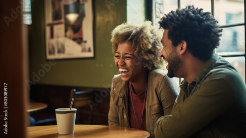 A joyful couple sharing a laugh in a cozy café ambiance.