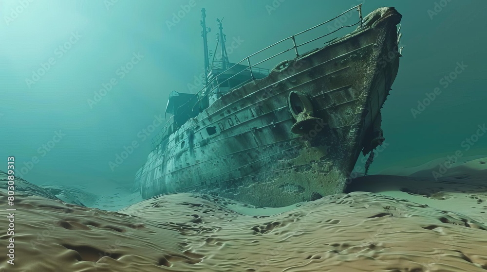 Fototapeta premium eerie abandoned shipwreck resting on sandy ocean floor realistic 3d illustration