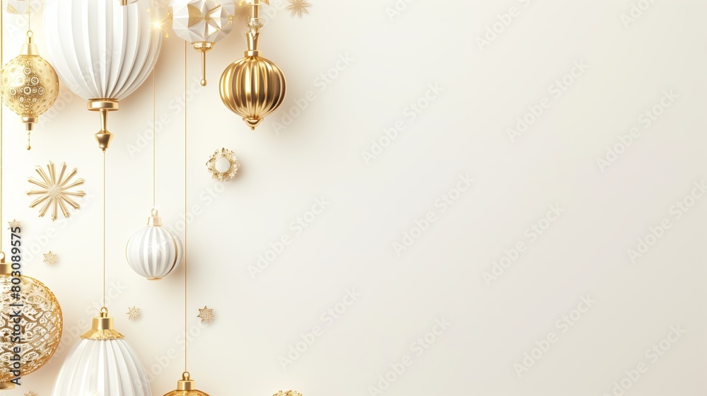 Elegant Christmas background with gold and white holiday decorations hanging against a soft cream backdrop. Elegant Christmas background with gold and white holiday decorations hanging against a soft cream backdrop.