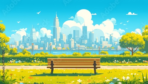 Park with a city skyline in the background, in a simple and minimalistic style. 