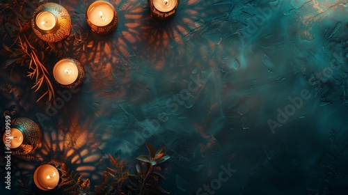Elegant teal toned background with lit candles in decorative holders casting soft shadows amongst botanical elements.