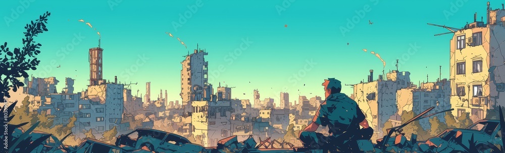 Illustration of a post-apocalyptic cityscape with destroyed buildings, rubble and broken trees.