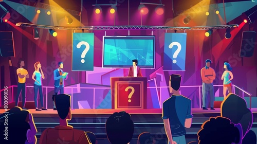 Colorful illustration of a quiz show scene with contestants and an audience in a vibrant game show setting. photo