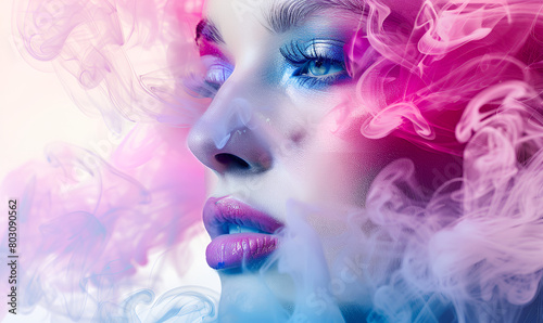 Woman's Face with Colourful Smoke - Creative Beauty Concept for Cosmetics and Art. Colourful Smoke Beauty Portrait