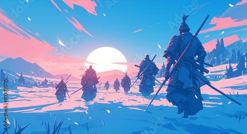 Giant samurai warriors walking on the frozen tundra photo