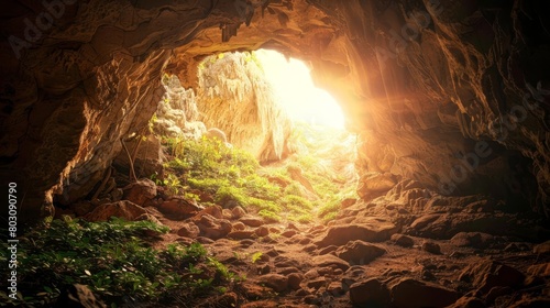 empty cave entrance with light shining in nature background