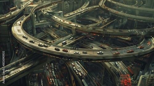 Detailed futuristic cityscape with multi-level highways intertwining amidst high-rise buildings.