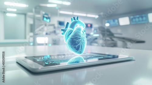 tablet displaying a vibrant blue holographic 3D heart with pulse lines, laid on a white table within a clean, white room symbolizing advanced healthcare technology