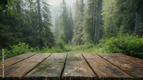 Wooden table with small plants growing in cracks over a misty forest background.