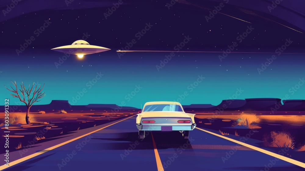 Vintage Car Under Starry Night Sky with UFO Encounter