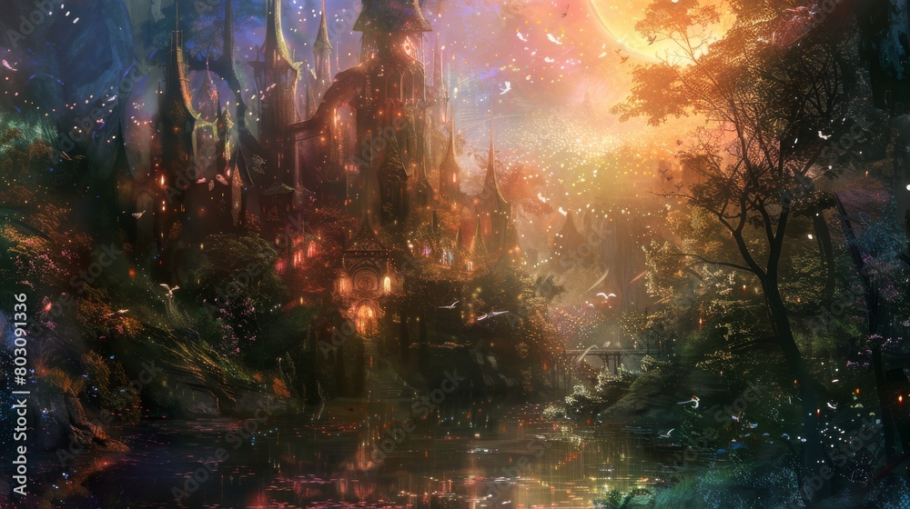 Enchanted forest kingdom with magical fairy lights and ancient architecture
