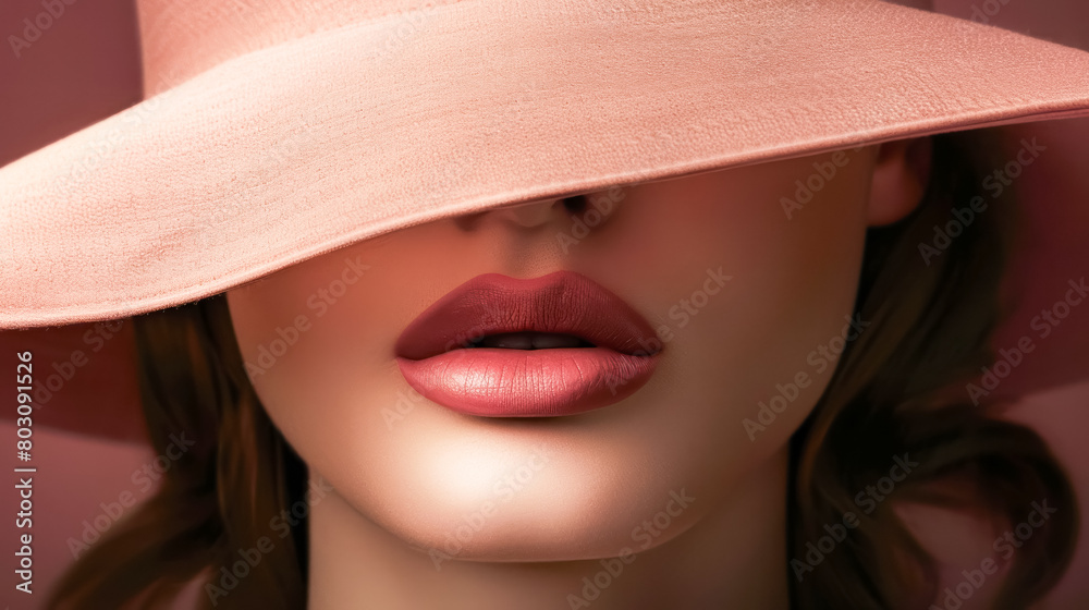sophisticated close up of a woman wearing a soft pink hat, focusing on her lips sophisticated close up of a woman wearing a soft pink hat, focusing on her lips
