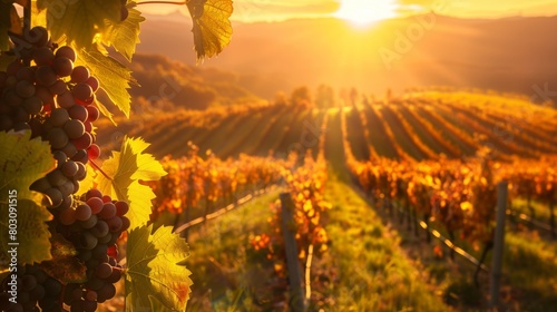 Sunset over a vibrant vineyard with golden light highlighting the rows of ripe grapes.