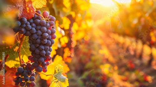 Close-up image of ripe blue grapes hanging on vines with sunlit autumn leaves in the background.