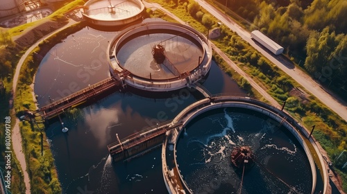 Aerial view of a wastewater treatment plant with multiple circular tanks illuminated by the sun.