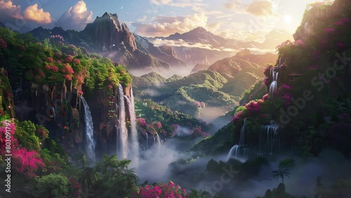 Illustration of zen landscape. Serenity illustration and good vibes with pleasant atmosphere. Pacific environment animation video. photo