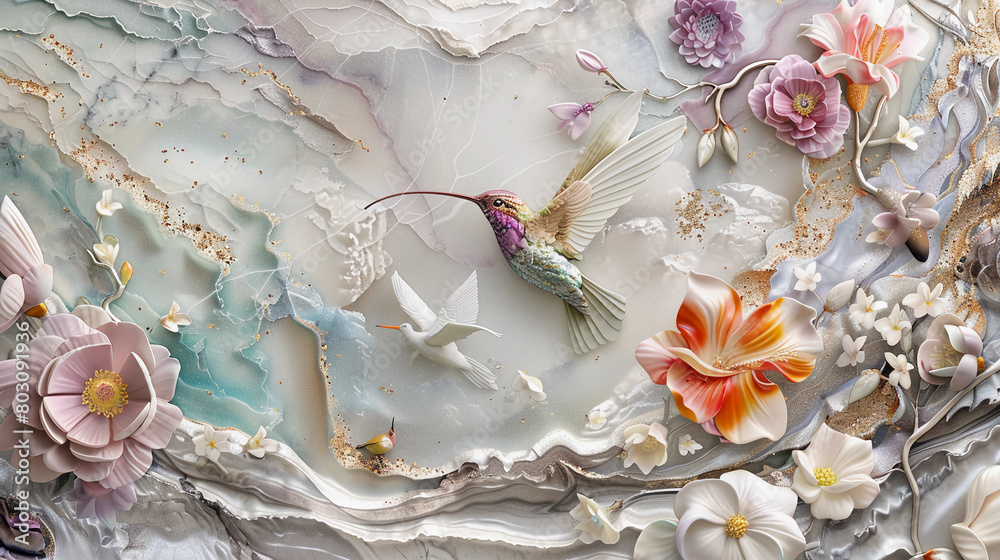 3D blooming flowers and birds, Fluid abstract expressionism, Aesthetics colorful floral inspirational tenderness illustration, oil paint, 3D Wall decoration photo, Generated AI.