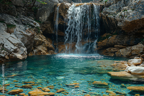 A serene waterfall cascading into a clear pool  evoking a sense of purity and renewal in the mind.