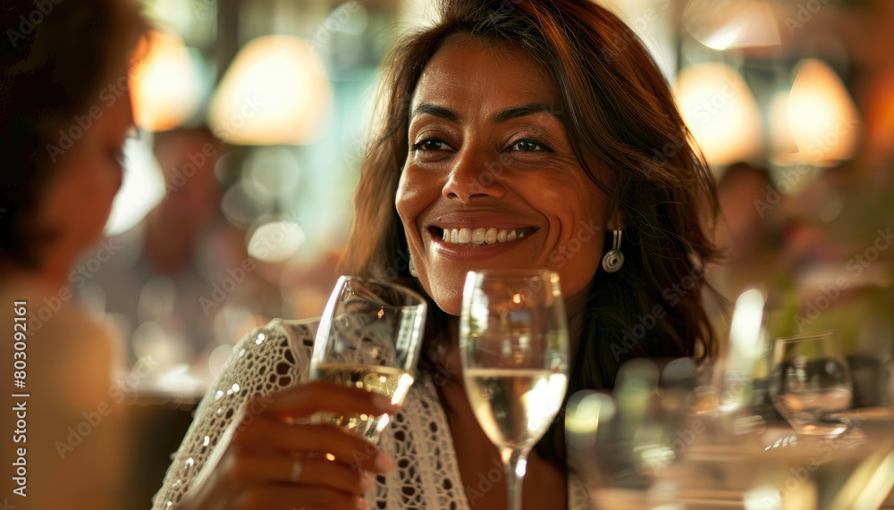 A beautiful woman is sitting at a table, holding an elegant wine glass and smiling while looking into it.