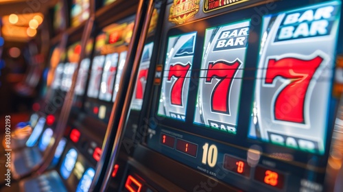 Close-up of vibrant slot machines with illuminated displays showing BAR and 7 symbols in a casino.