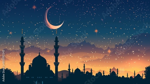 Silhouette of a mosque skyline under a starry sky with a large crescent moon, depicting an Eid celebration. photo