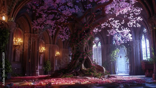 Beautiful tree with blooming flower and colorful ambiance. Fantasy and fairy tale setting video. Loop animation for relaxing music video